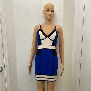 Privy Blue Cream Black Bodycon Mini Dress Size Small VNeck Spaghetti Strap New